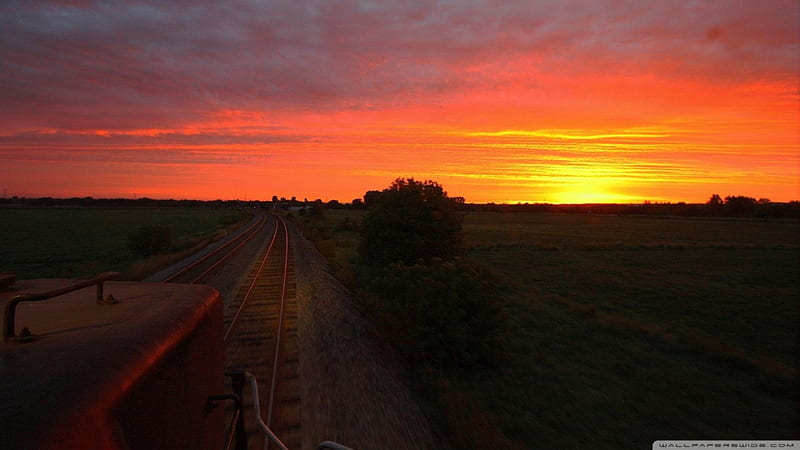 Train travel to sunset, sunset, fields, train, tracks, HD wallpaper ...