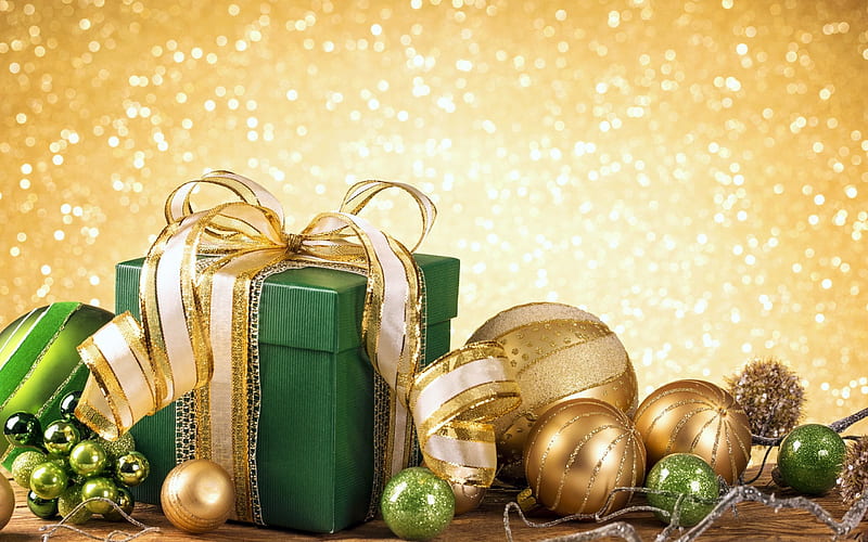 merry christmas, Christmas decorations, Christmas gift, gold balls, HD wallpaper