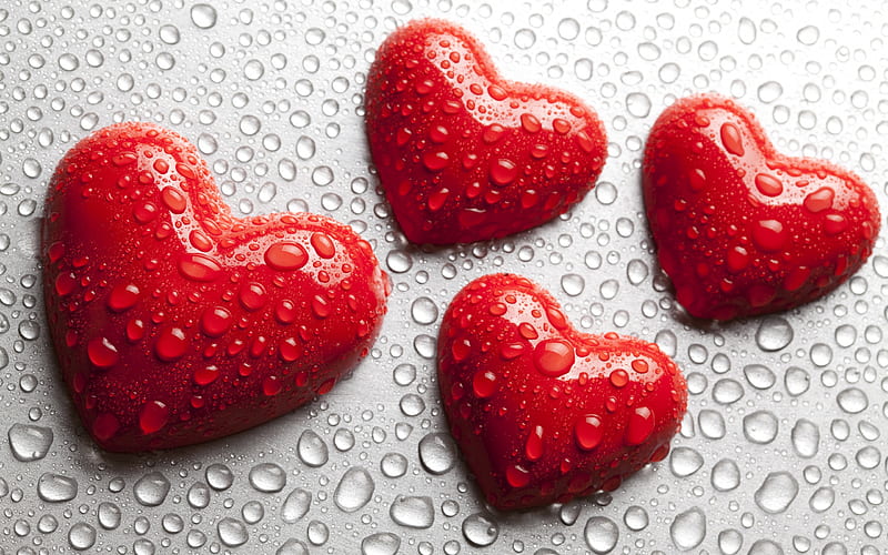 red hearts, drops of water, romance, valentines day, corazones, HD wallpaper