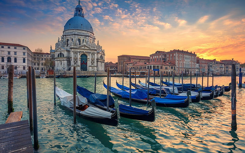 Venice, sunset, boats, Santa Maria della Salute, Grand Canal, Italy, HD wallpaper