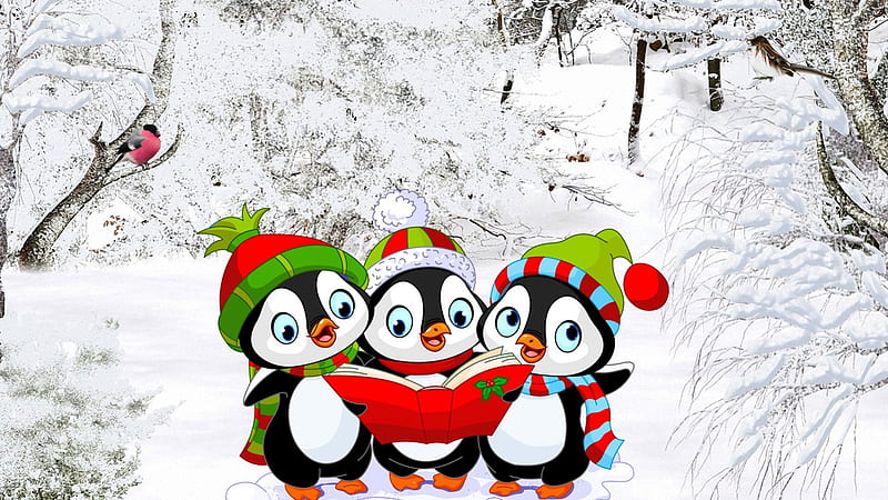 Caroling Penguins, Christmas, Feliz Navidad, music, trees, winter, song, bird, snow, bull finch, sing, singing, penguins, HD wallpaper