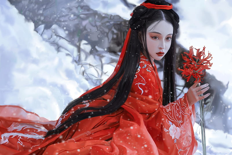 Red, super, art, frumusete, spider lily, kimono, winter, iarna, qu nh nh, fantasy, girl, ben ben, flower, asian, benben, gorgeous, HD wallpaper