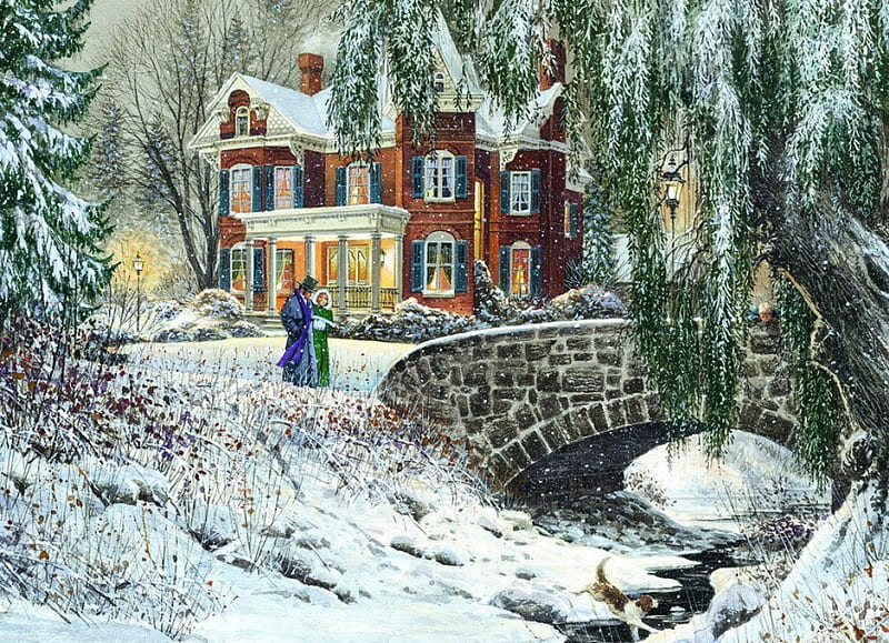 Victorian Winter Walk, house, trees, artwork, snow, bridge, painting, ice, cobblestone, river, HD wallpaper