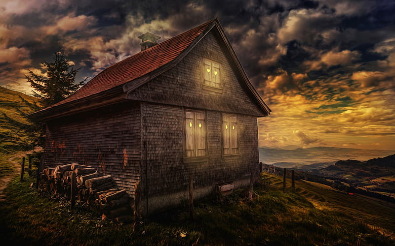 Mountain Cabin at Night, architecture, houses, cabins, clouds, sky, night, HD wallpaper