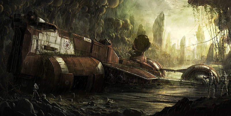 Republic Cruiser, forest, guerra, destruction, star wars, storm, crash, sci-fi, fantasy, rain, night, HD wallpaper