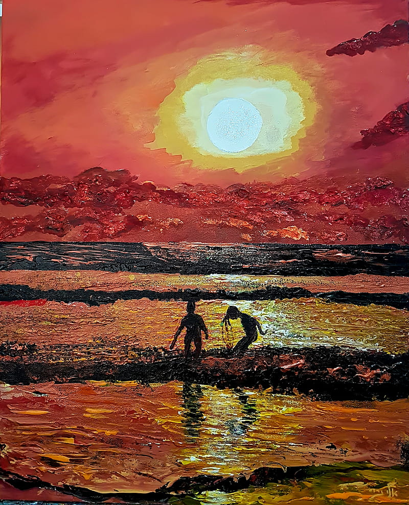 Puesta de sol, niños, mar, pintura, sol, naturaleza, rojo, arte, Fondo de pantalla de teléfono HD |