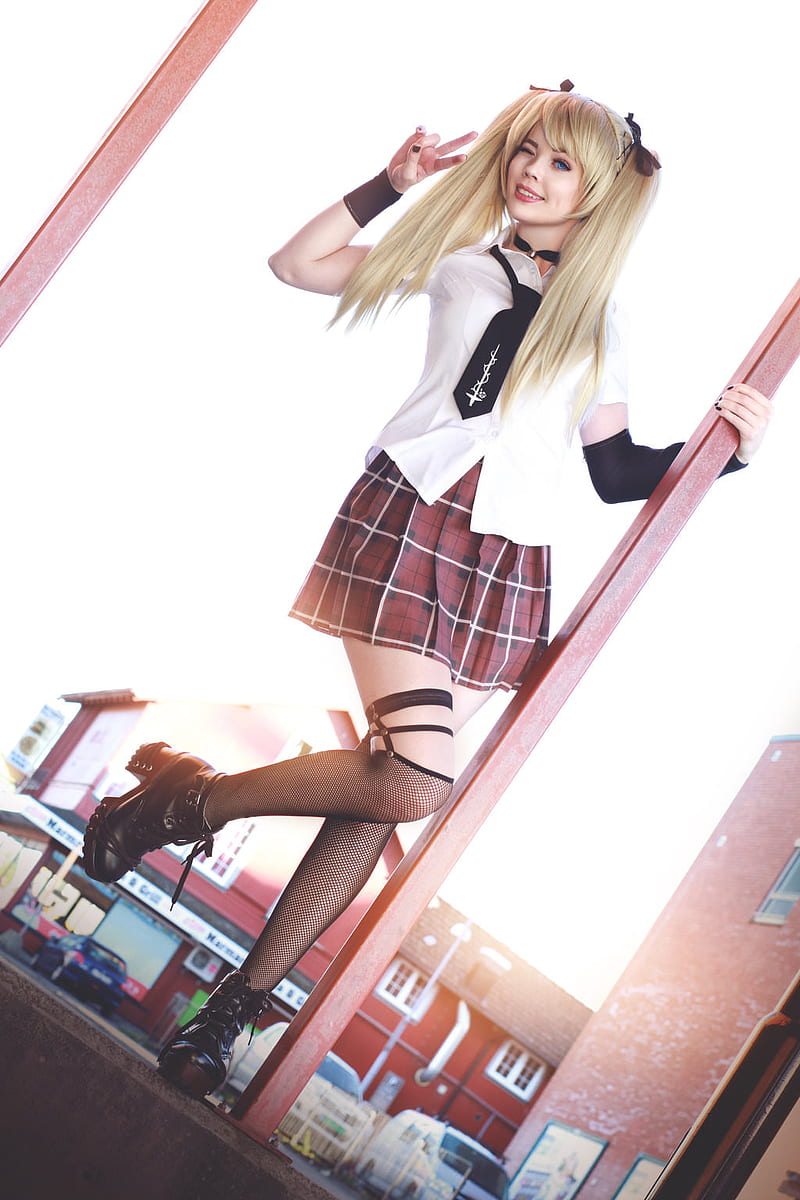 women, model, cosplay, dyed hair, portrait display, miniskirt, Marie Rose, twintails, fishnet stockings, tie, Dead or Alive, blue eyes, wink, winking, women outdoors, street, smiling, house, blonde, long hair, high heeled boots, car, black nails, bangs, zettai ryouiki, HD phone wallpaper