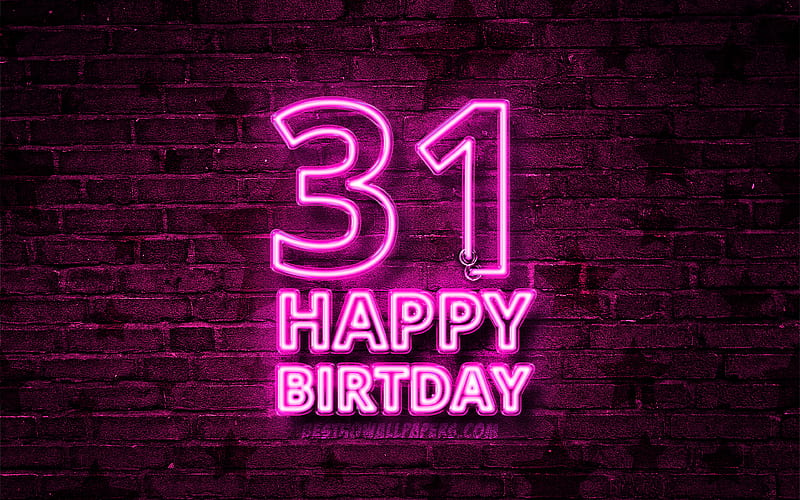 Happy 31 Years Birtay purple neon text, 31st Birtay Party, blue brickwall, Happy 31st birtay, Birtay concept, Birtay Party, 31st Birtay, HD wallpaper