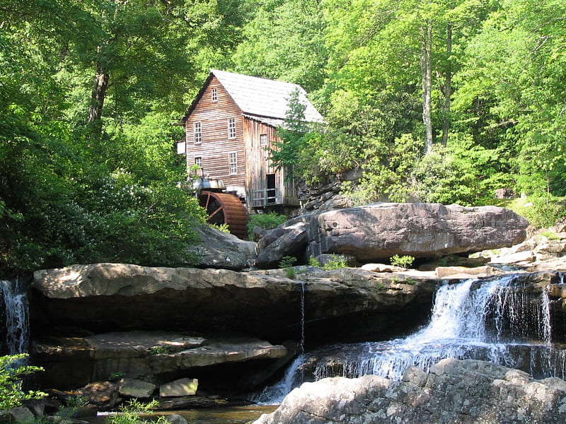 glade creek grist mill, creek, mill, woods, HD wallpaper