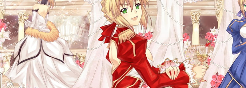 Fate Stay Banquet, pretty, cg, green eyes, saber lily, sweet, floral, arturia pendragon, red rose, nice, anime, beauty, anime girl, long hair, lovely, gown, smiling, happy, red saber, knight, saber dress, blond, rose, bonito, fate stay night, gorgeous, female, saber alter, blonde hair, smile, blond hair, girl, saber extra, flower, petals, HD wallpaper