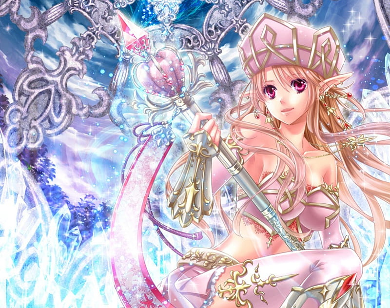 crystal queen, staff, magic, fantasy, anime, hot, anime girl, weapon, tiara, pink, blue, female, rod, sexy, cute, girl, magical, crown, crystal, HD wallpaper