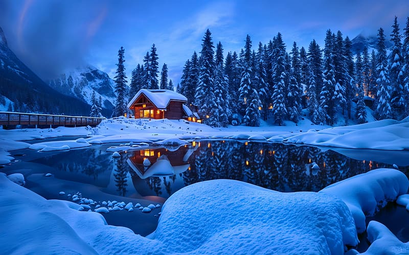 Beautiful Emerald lake in winter, lake, reflection, emerald, national park, trees, winter, blue, cabin, beautiful, snow, forest, Yoho, lodge, Canada, HD wallpaper