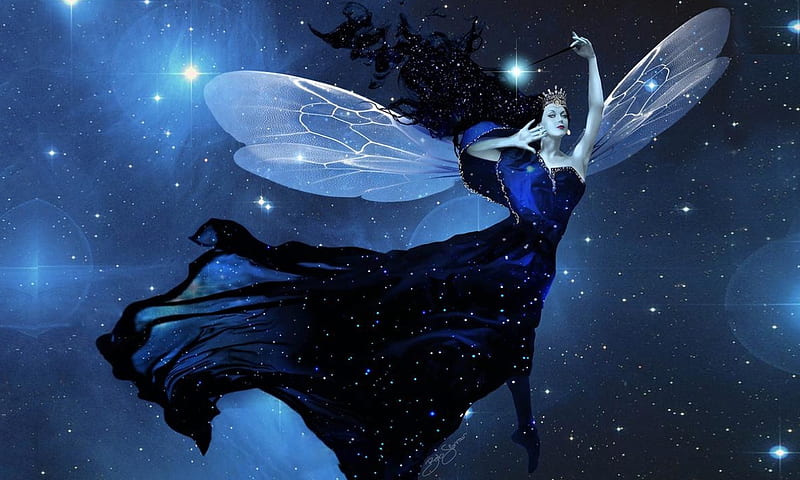 Starry Night Fairy, stars, Fairy, dreamy, fantasy, moon, ethereal, blue, night, magical, HD wallpaper