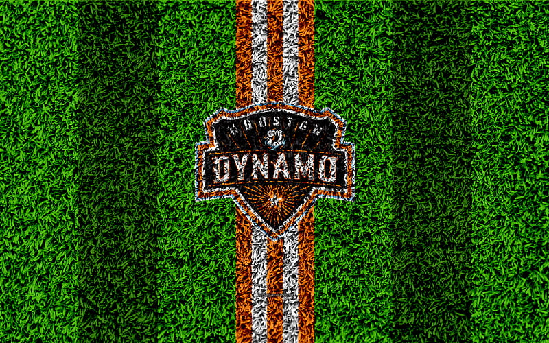 Houston Dynamo MLS, football lawn, logo, american soccer club, white orange lines, grass texture, Houston, Texas, USA, Major League Soccer, football, HD wallpaper