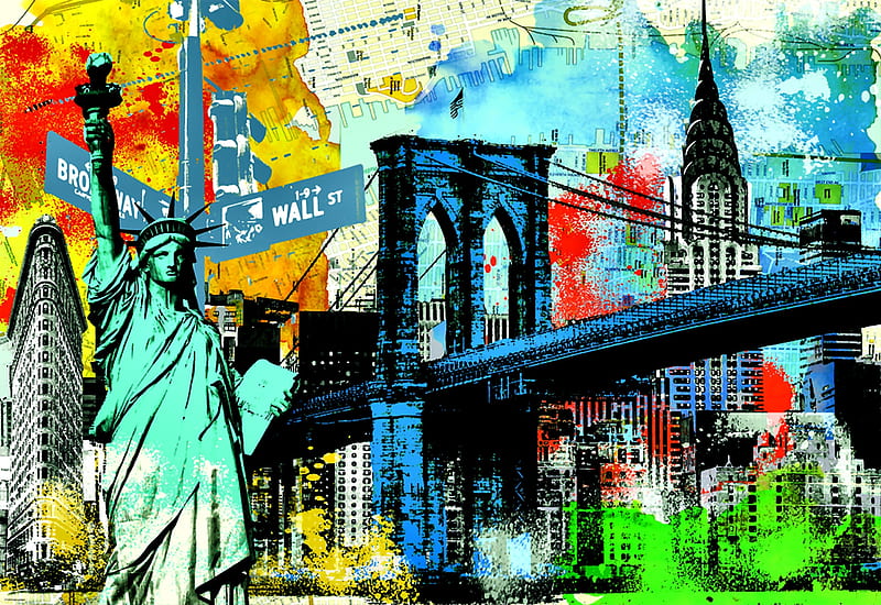 Urban Liberty F, architecture, art, cityscape, bonito, illustration, artwork, bridge, monumnet, painting, wide screen, scenery, Statue of Liberty, HD wallpaper