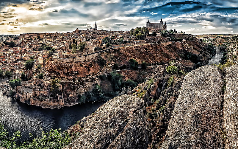 Toledo, R, sunset, river, Toledo Castle, Spain, Europe, HD wallpaper