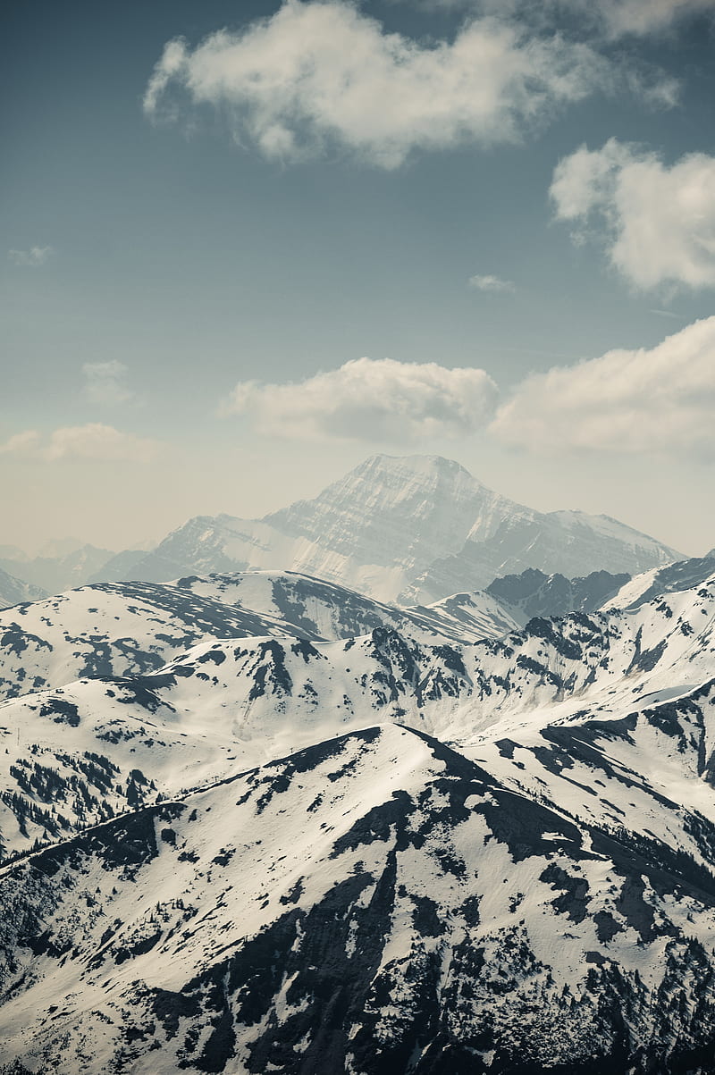 mountains, peaks, fog, snow, clouds, landscape, HD phone wallpaper