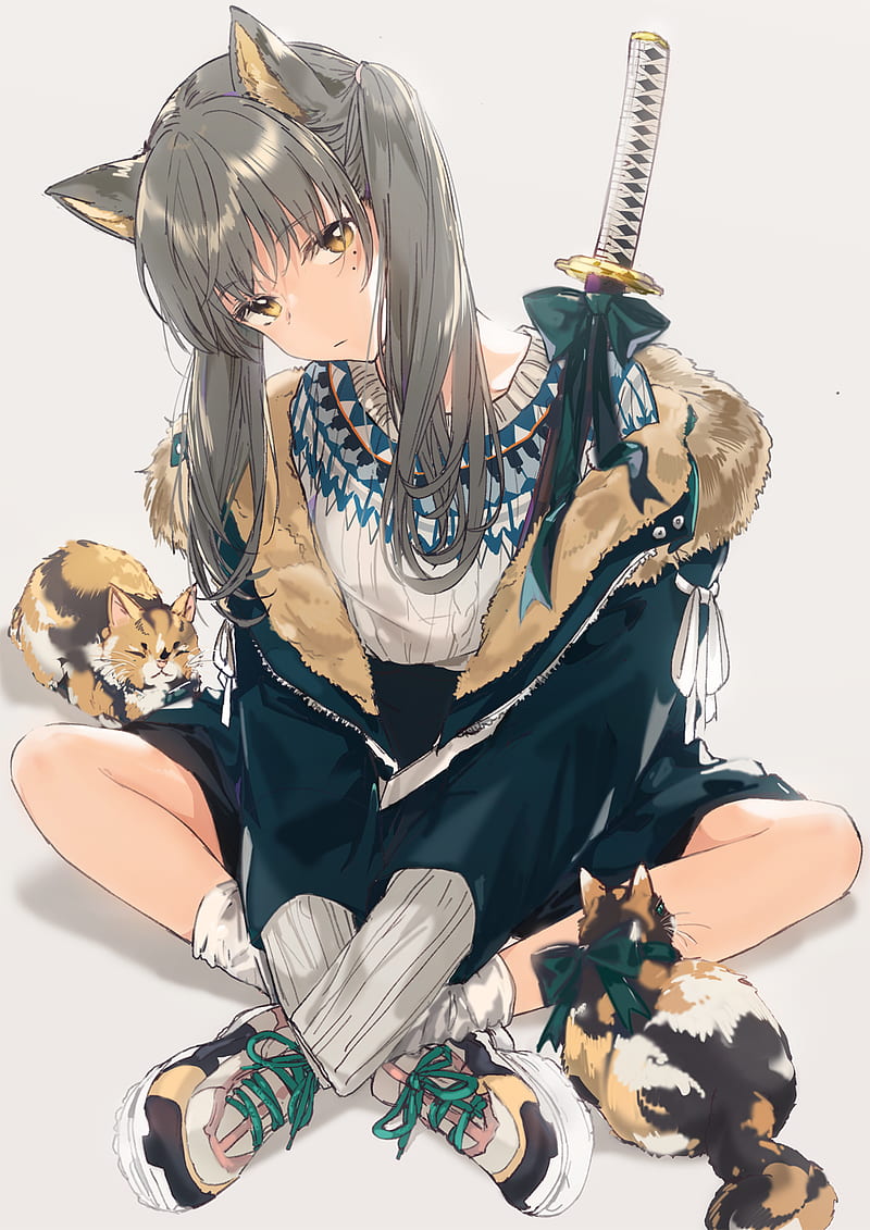 anime girls, anime, sitting, legs crossed, cats, animals, yellow eyes, animal ears, sword, HD phone wallpaper