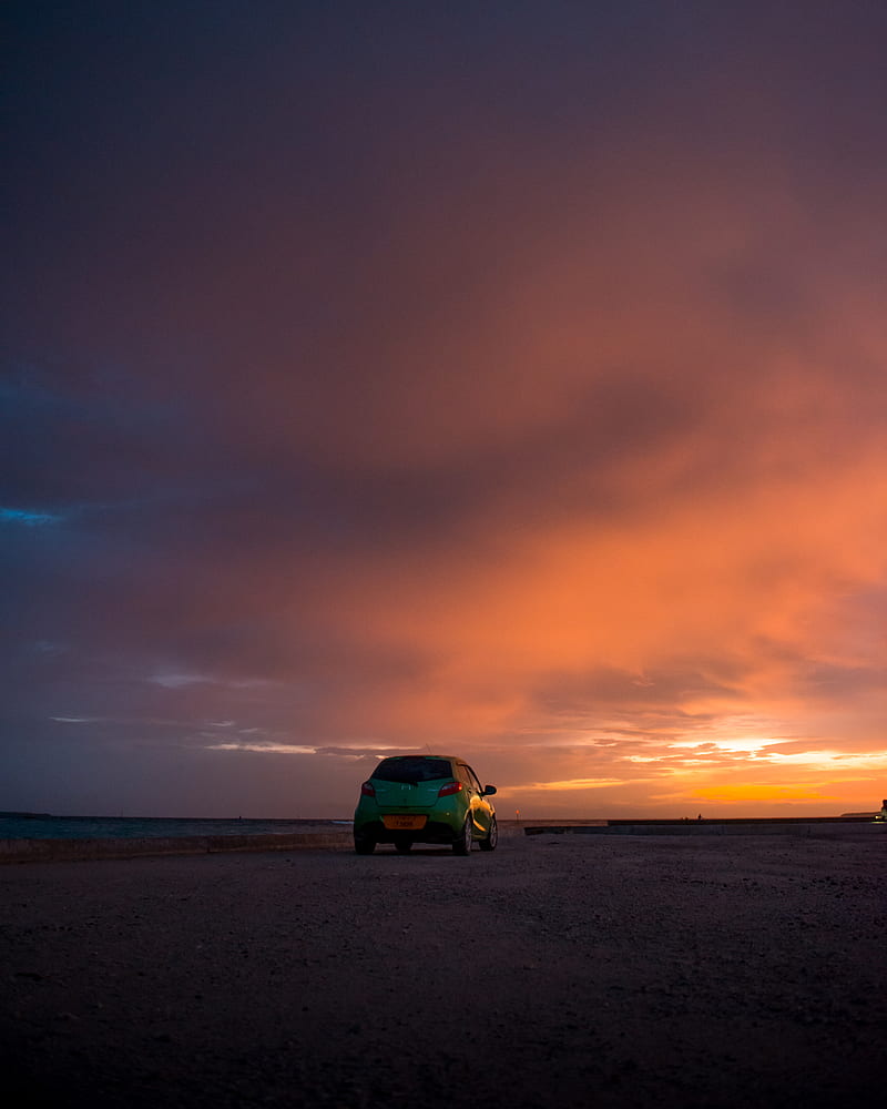 mazda, car, sunset, sky, clouds, HD phone wallpaper