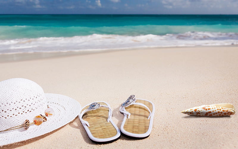 beach, sand, beach accessories, beach hat, slippers, seashore, summer travel concepts, summer, HD wallpaper