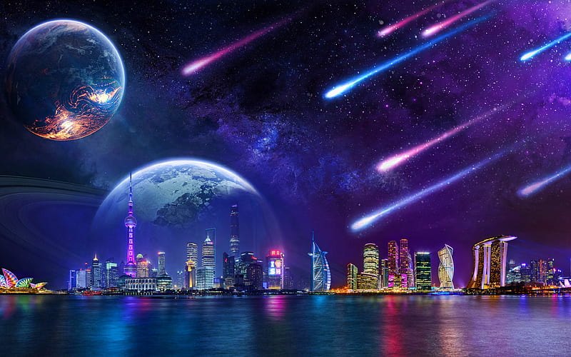 skyline cityscapes fantasy art, comets, skyscrapers, nightscapes, planets, HD wallpaper