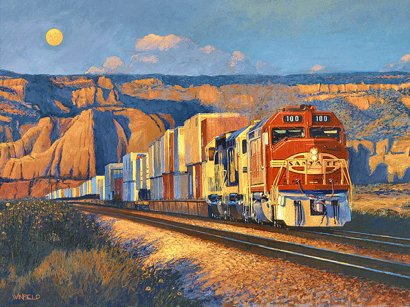 New Mexico Moon - Train F2, art, artwork, moon, train, mountains, painting, evening, scenery, tracks, HD wallpaper