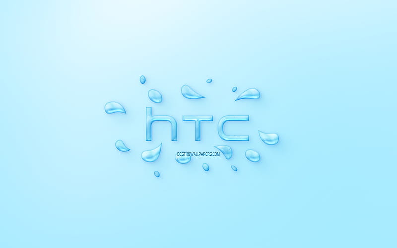 HTC logo, water logo, emblem, blue background, HTC logo made of water, creative art, water concepts, HTC, HD wallpaper