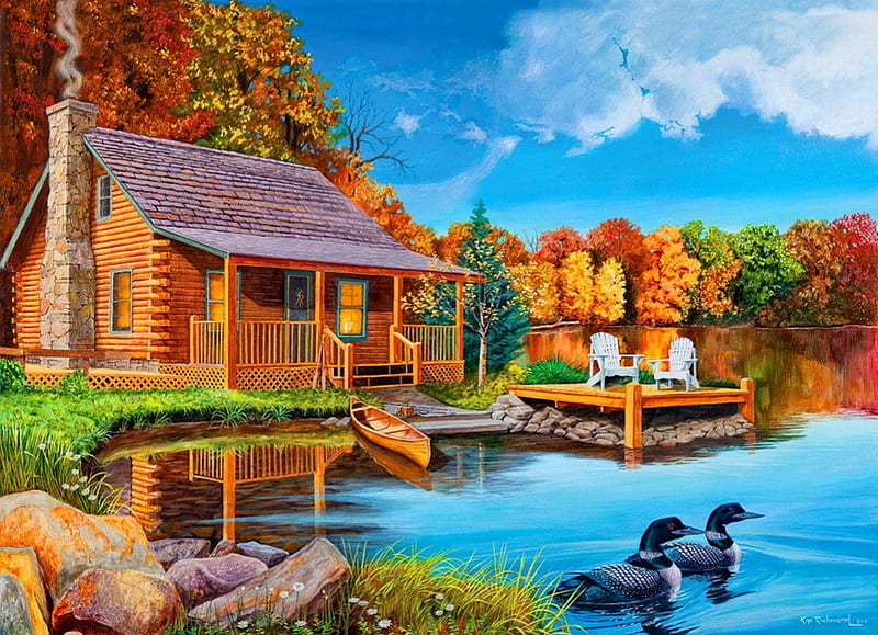 Place for rest, pretty, shore, house, grass, retreat, ducks, cabin, countryside, nice, stones, boat, flowers, rest, lovely, quiet, relax, sky, trees, serenity, wooden, colorful, cottage, bonito, painting, chairs, river, forest, calmness, place, swans, lake, waters, peaceful, summer, getaway, HD wallpaper