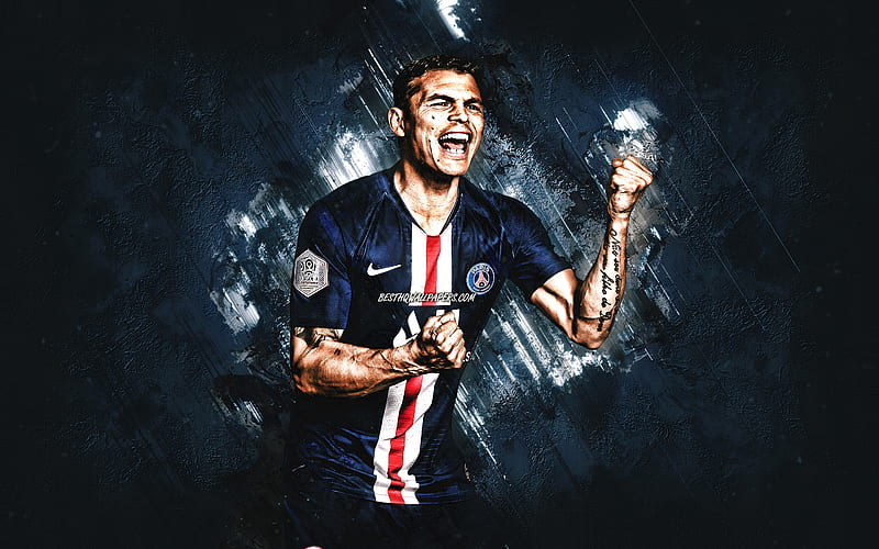 Thiago Silva, portrait, PSG, Brazilian football player, Paris Saint-Germain, Ligue 1 football, France, blue stone background, HD wallpaper