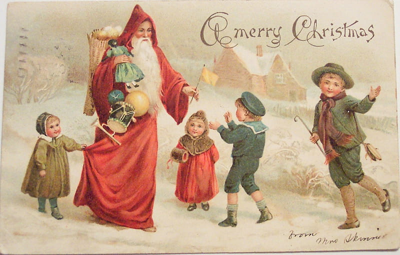 Merry Christmas!, red, copii, craciun, christmas, children, santa claus, vintage, card, HD wallpaper