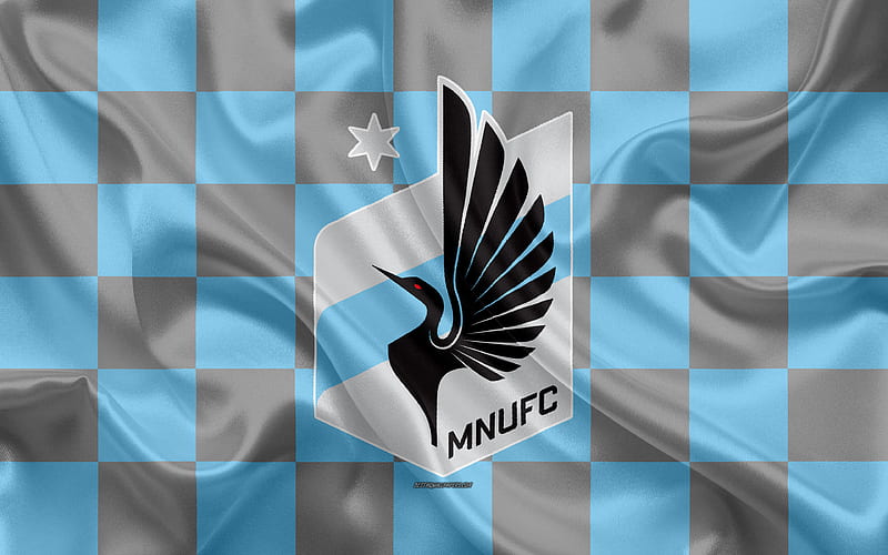 Minnesota United FC logo, creative art, gray blue checkered flag, American Soccer club, MLS, emblem, silk texture, St Paul, Minnesota, USA, football, Major League Soccer, HD wallpaper
