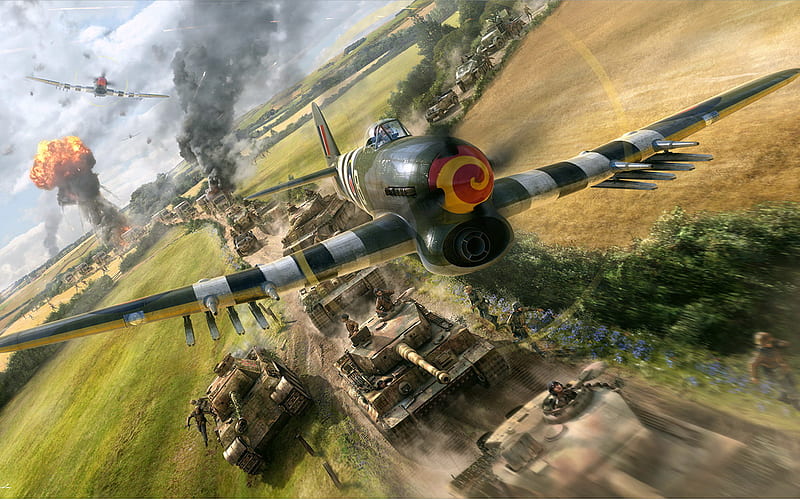 Typhoon Attack, guerra, ww2, hawker, tank, plane, antique, cgi, wwii, painting, drawn, classic, attack, typhoon, HD wallpaper