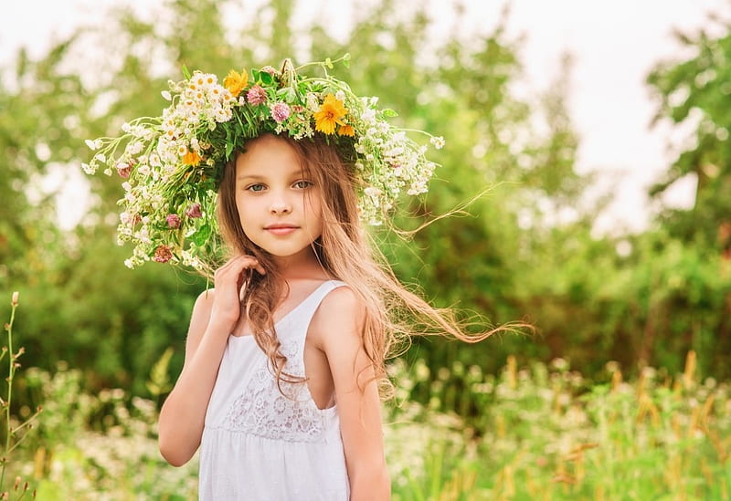 Cute Little Girl Girl, Wreath, Spring, Hd Wallpaper 