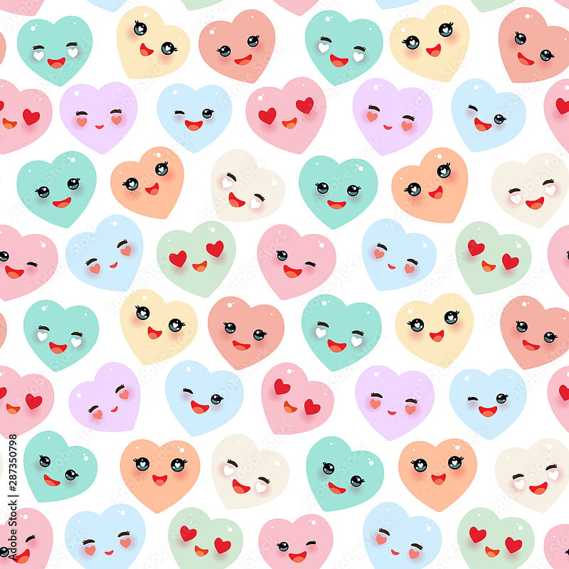 Seamless pattern Funny Kawaii heart pink, yellow, lilac, orange, blue green, isolated on white background. Valentine's Day Card banner template. Can be used for Gift wrap, fabrics, . Vector Stock Vector, Cute Pink and Blue Kawaii, HD phone wallpaper