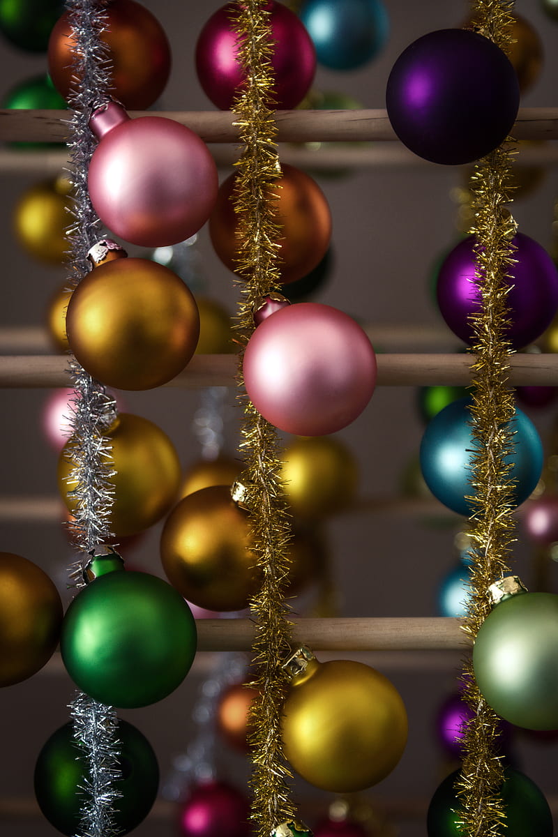 balls, tinsel, decorations, colorful, new year, christmas, holidays, HD phone wallpaper