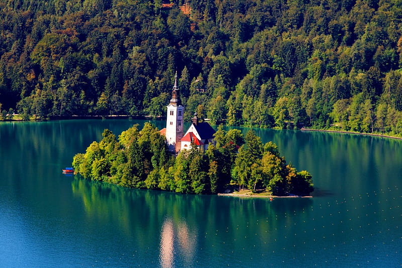 Lake Bled-Slovenia, pretty, shore, bonito, Slovenia, mirrored, mountain, nice, calm, bright, reflection, blue, Bled, quiet, lovely, view, clear, church, trees, lake, water, Europe, serenity, crystal, island, nature, castle, HD wallpaper