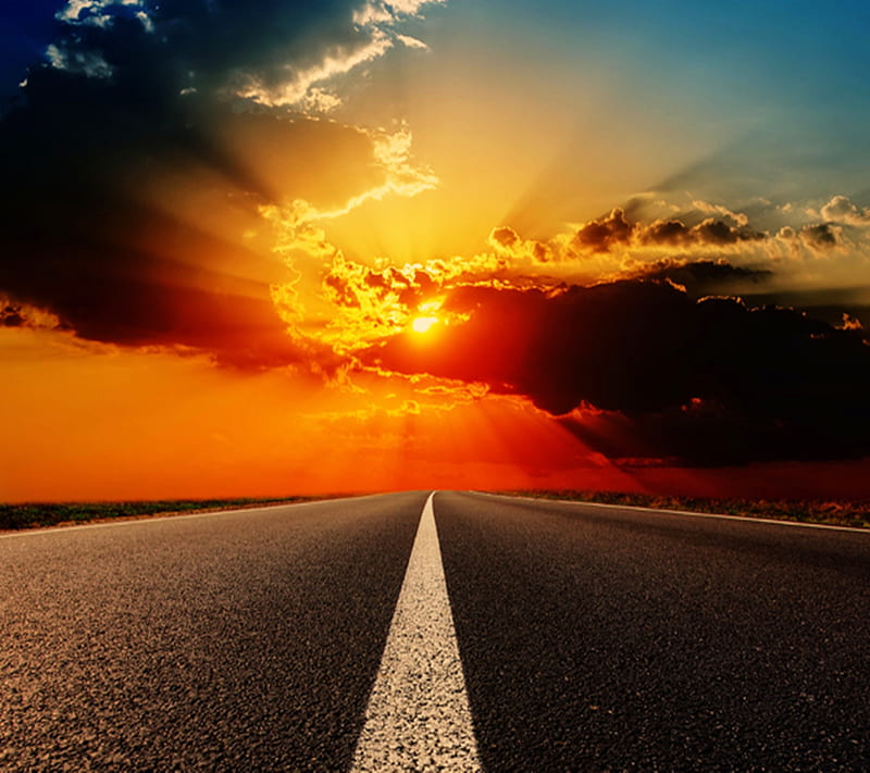 Sunset Highway, clouds, way, new, nice, road, sky, sun, HD wallpaper