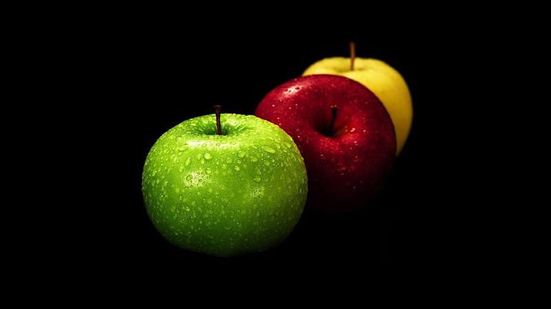 Green Red Apple With Water Drops In Black Background Black, HD wallpaper