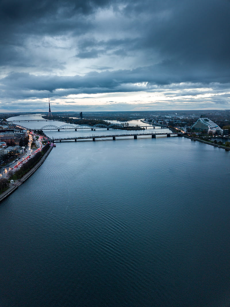 Daugava River, Riga, Vithurshan, aerial, city, cityscape, cloudy, drone, eastern europe, europe, faded, latvia, moody, graphy, rainy, vithurshan.jpeg, HD phone wallpaper