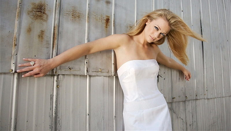 AJ Cook, posing against wall, strapless, blonde, white dress, ring on finger, HD wallpaper