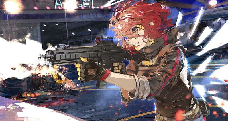 exusiai, arknights, anime games, rifle, gloves, red hair, Anime, HD wallpaper