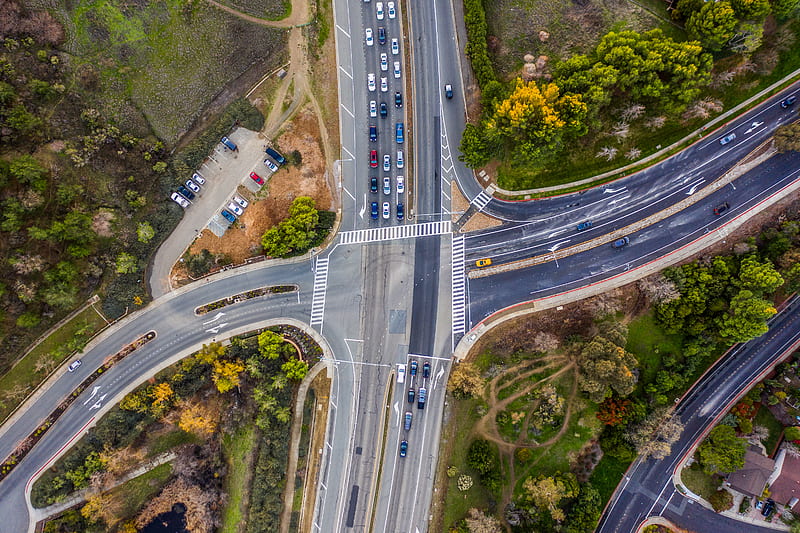 aerial graphy of vehicles passing by an intersection road, HD wallpaper