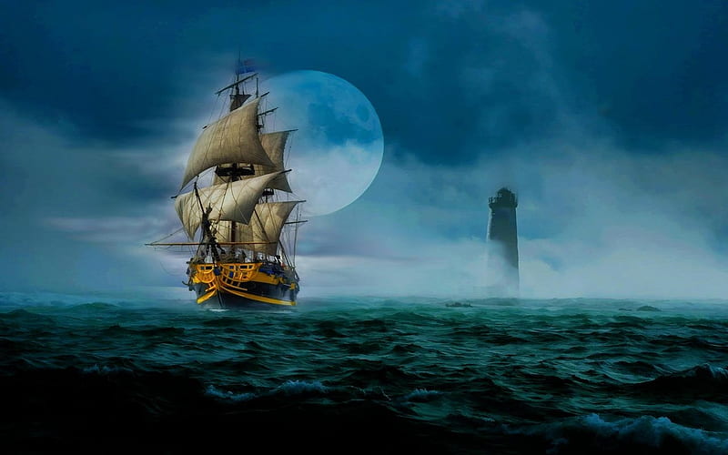 Moonlight Sailing, fantasy, moon, boat, waves, lighthouse, sea, HD wallpaper