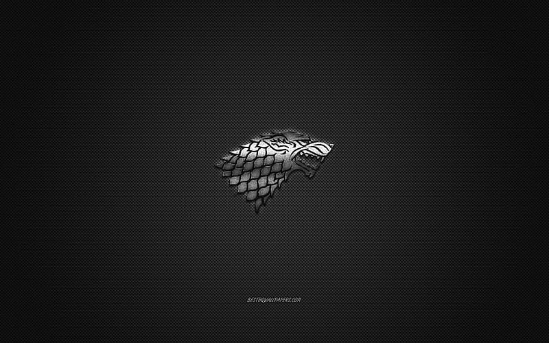 House Stark, Game Of Thrones, gray carbon background, House Stark logo, carbon fiber texture, House Stark emblem, House Stark metal sign, HD wallpaper