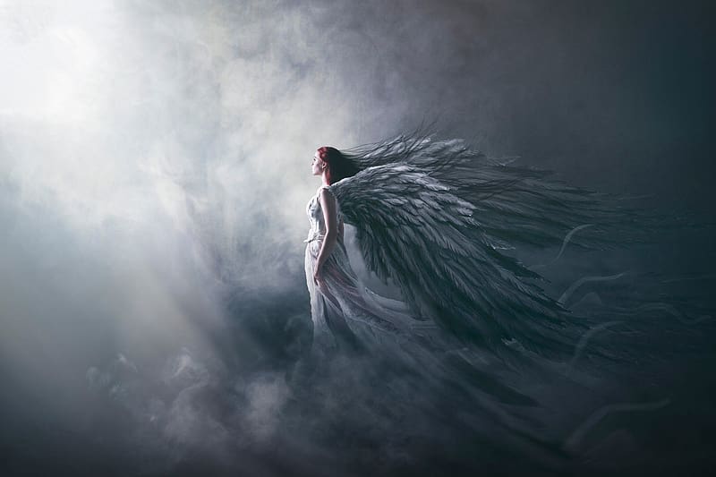 Angel, wings, fantasy, grey, clouds, girl, sky, lingdumstudog, HD ...