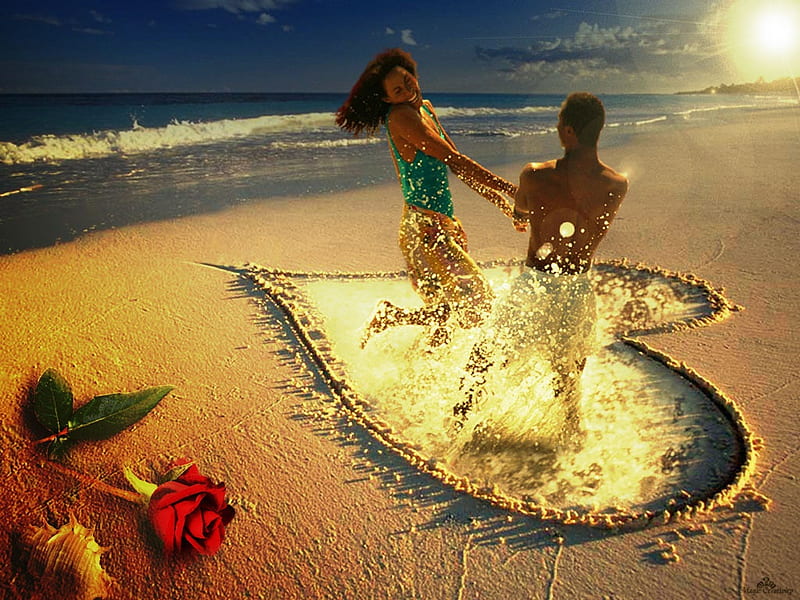 beach love, beach, sand, rose, people, love, heart, sea, HD wallpaper