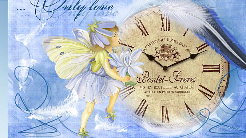 Little Blue Fairy, girl, time, clock, firefox persona, fairy, blue, feathers, HD wallpaper