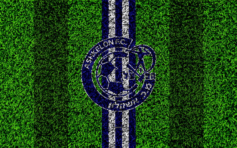 Hapoel Ashkelon FC emblem, football lawn, logo, Israeli football club, white blue lines, grass texture, Ashkelon, Israel, football, Israeli Premier League, HD wallpaper