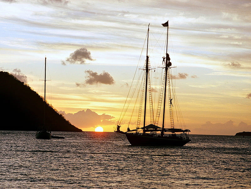 Schooner at Sunset, Schooner, Gulf of Mexico, Sunset, Caribbean, HD wallpaper
