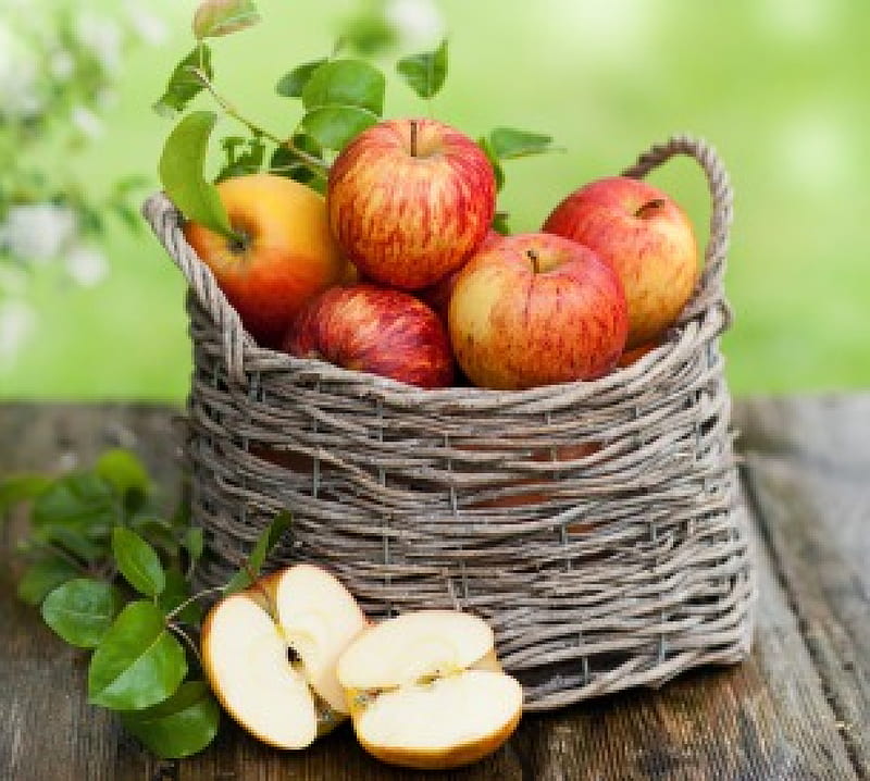 Apples, fruit, harvest, basket, summer, HD wallpaper